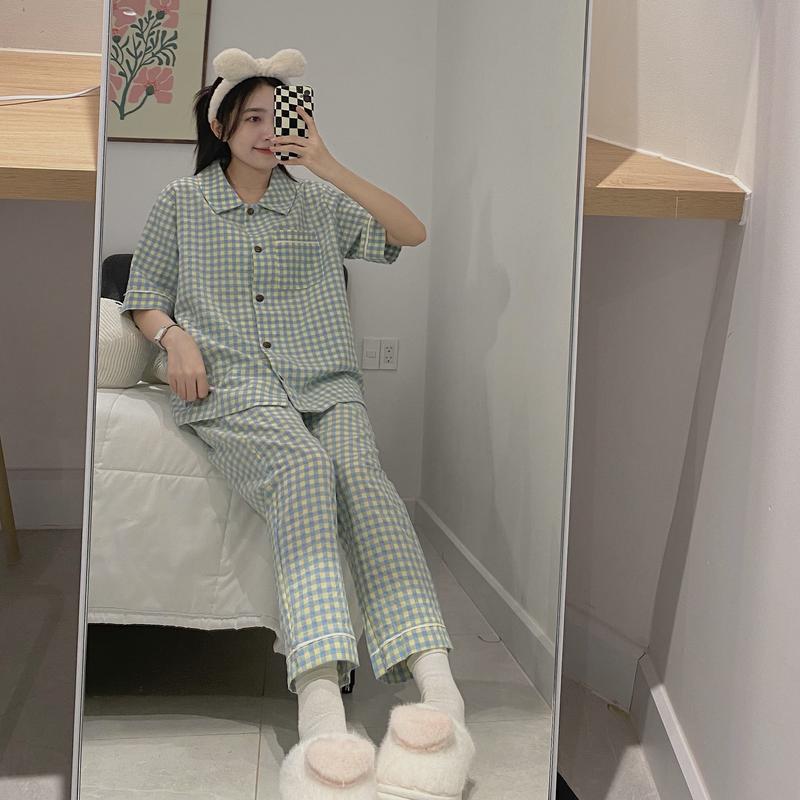 Set Đồ Ngủ Tay Ngắn Quần Dài JEM CLOSET Bộ Nữ Pijama Họa Tiết Kẻ Caro Form Rộng Thoải Mái Nhiều Màu Dễ Thương CARABA - 8150