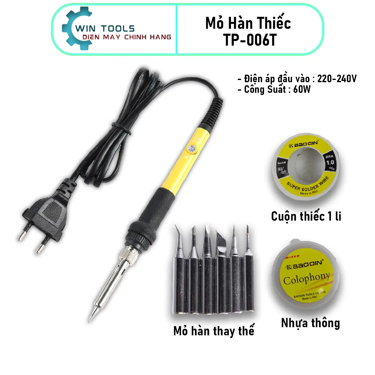 Mỏ hàn thiếc điều chỉnh nhiệt độ TP-006T, Công suất  60W, Tặng nhựa thông + thiếc hàn + 5 mũi hàn. Mỏ hàn nhỏ gọn.