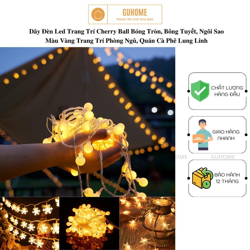 Dây Đèn Led Trang Trí Cherry Ball Bóng Tròn, Bông Tuyết, Ngôi Sao Màu Vàng Trang Trí Phòng Ngủ, Quán Cà Phê Lung Linh