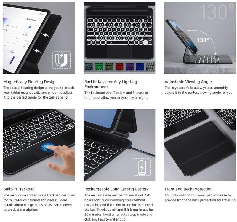 Product Introduction of "Goojodoq for ipad keyboard with Case for Air 4/5 /6 Pro 11 12.9 2021 - 2018 A16 M3 2025 Gen10 floating cantilever cover wireless bluetooth" 34