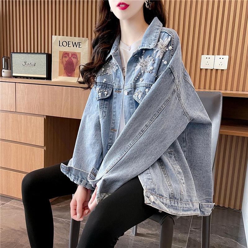 Product Introduction of 2024 Spring and Autumn New Design Heavy Rhinestone Denim Jacket for Women with Turn-down Collar Loose Korean Style Versatile Jacket Top 16