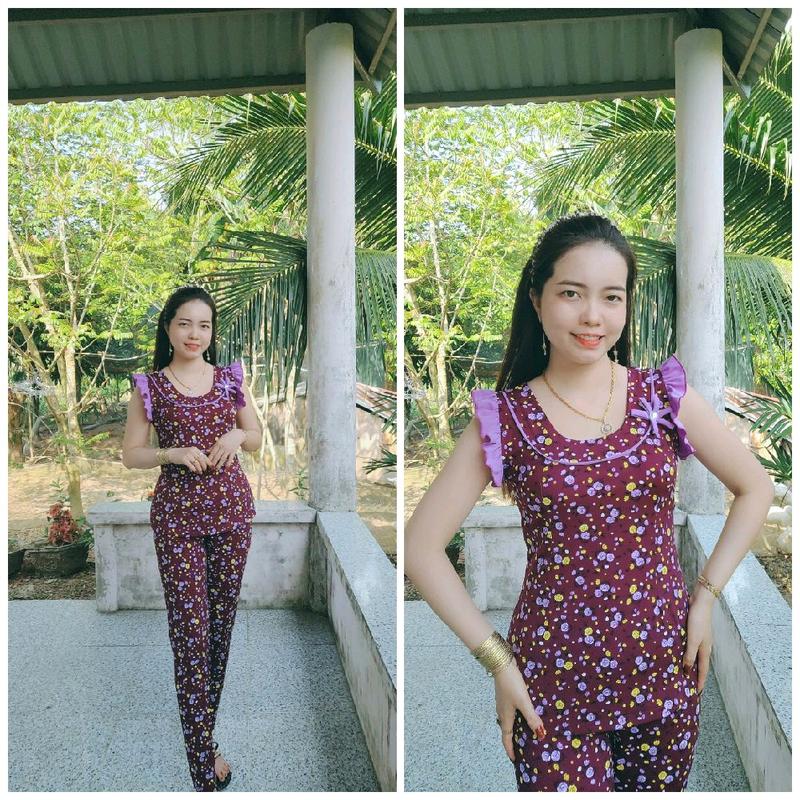 đồ bộ cổ tròn viền màu có hoa tay cánh tiên nhí quần dài ống nhỏ size 12345 Nữ