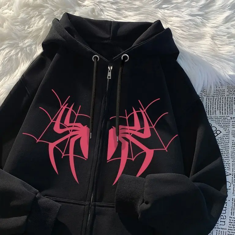 Áo Hoodie Đen Đẹp Trai, Phong Cách Ins Mỹ, Dành Cho Nam Và Nữ, Áo Khoác Cardigan Có Khóa Kéo Toàn Bộ In Hình Nhện Mùa Thu Và Mùa Đông, Thời Trang, Năm 2024