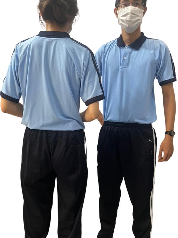 Bộ Đồng Phục Thể Dục Áo Thun Cổ Bẻ Màu Xanh 3 Sọc Vai + Quần Thể Dục Cho Học Sinh Nam Nữ Cấp 2 Cấp 3 - Hình thật