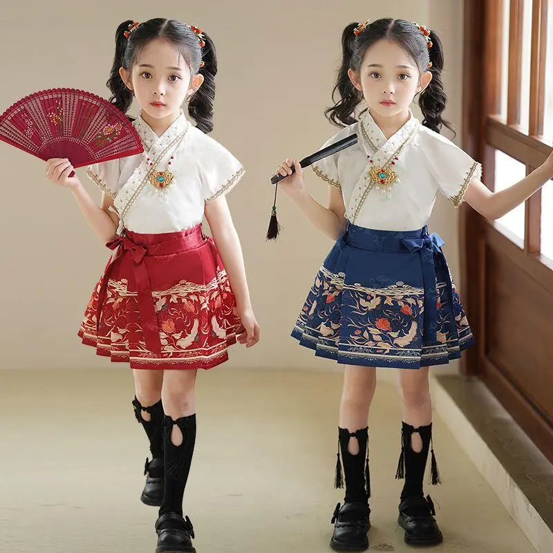 1 Short Sleeve Shirt  Horse Face Skirt for Girls Summer New Chinese Style Hanfu Two-piece Set