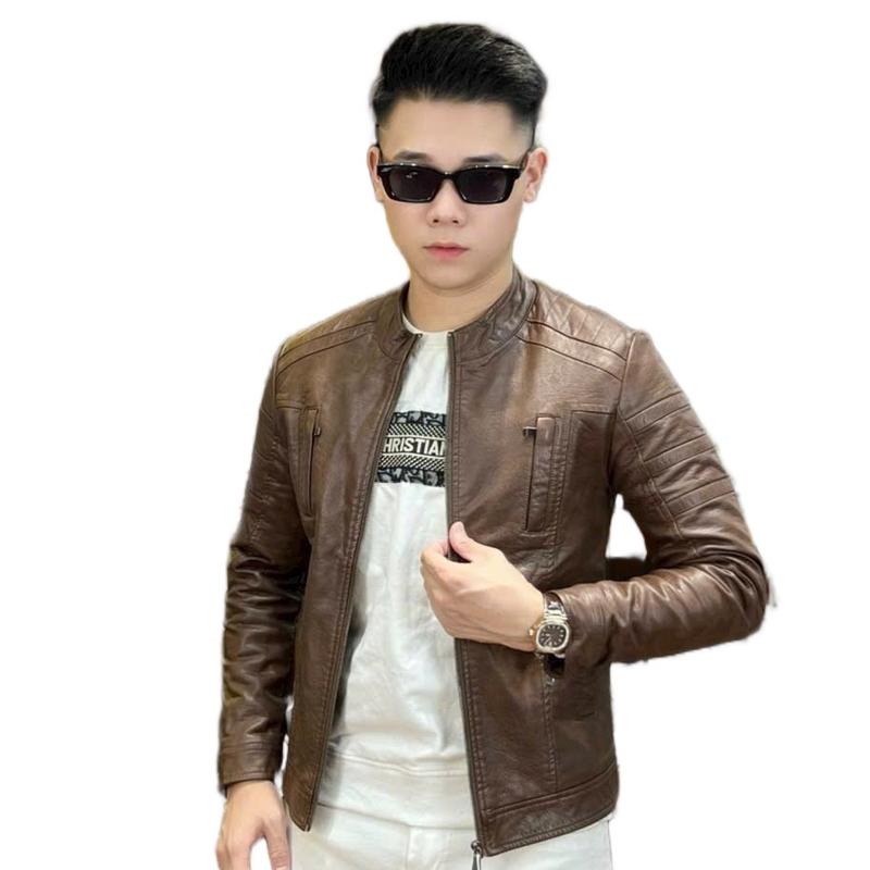 Áo da nam cổ tàu Quảng Châu bên trong lót Nỉ Nhung cao cấp Menswear Kem Jacket