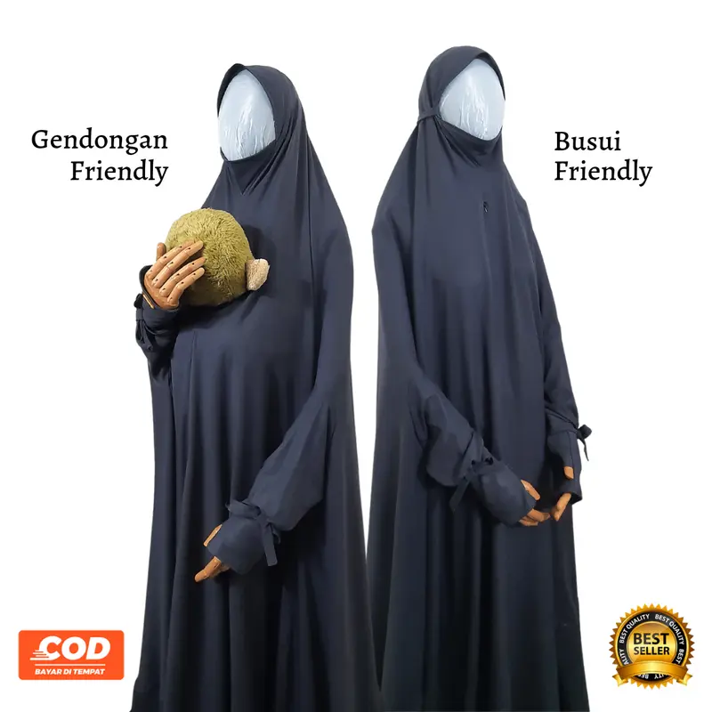 Khaira Long Khimar Jumbo busui overhead instan praktis by hasna moslem  Jilbab  Muslim  Wanita  Syari Non Pad Panjang Tangan Pita Zipper Kerudung Soft Hitam Karet 2
