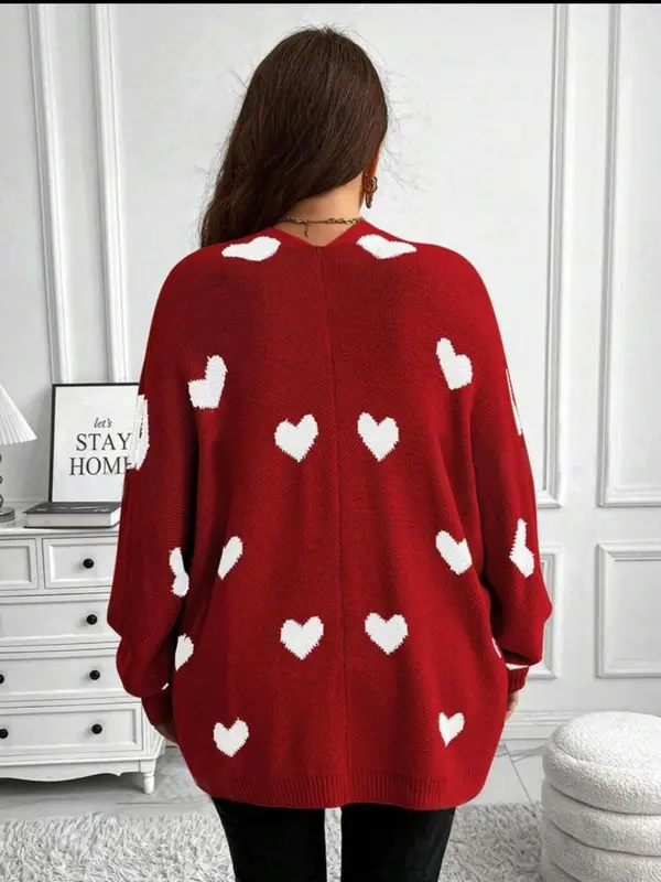 【Plus Size】 Heart Print Open Front Sweater Cardigan, Casual Long Sleeve Cardigan for Fall & Winter, Women's Plus Clothing for Daily Wear 1