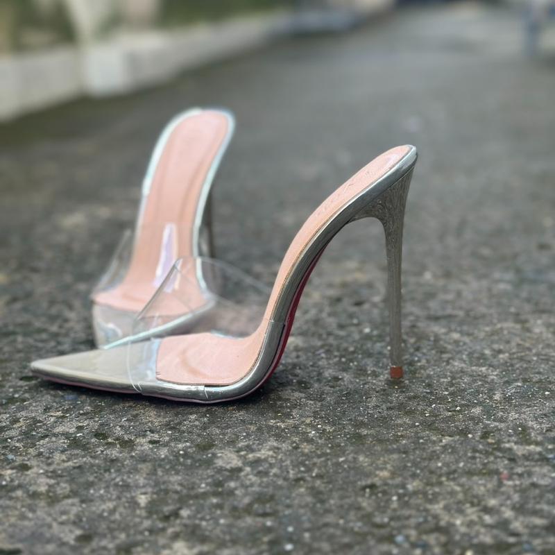 Sandal cao gót mũi nhọn quai trong 11cm màu bạc 0