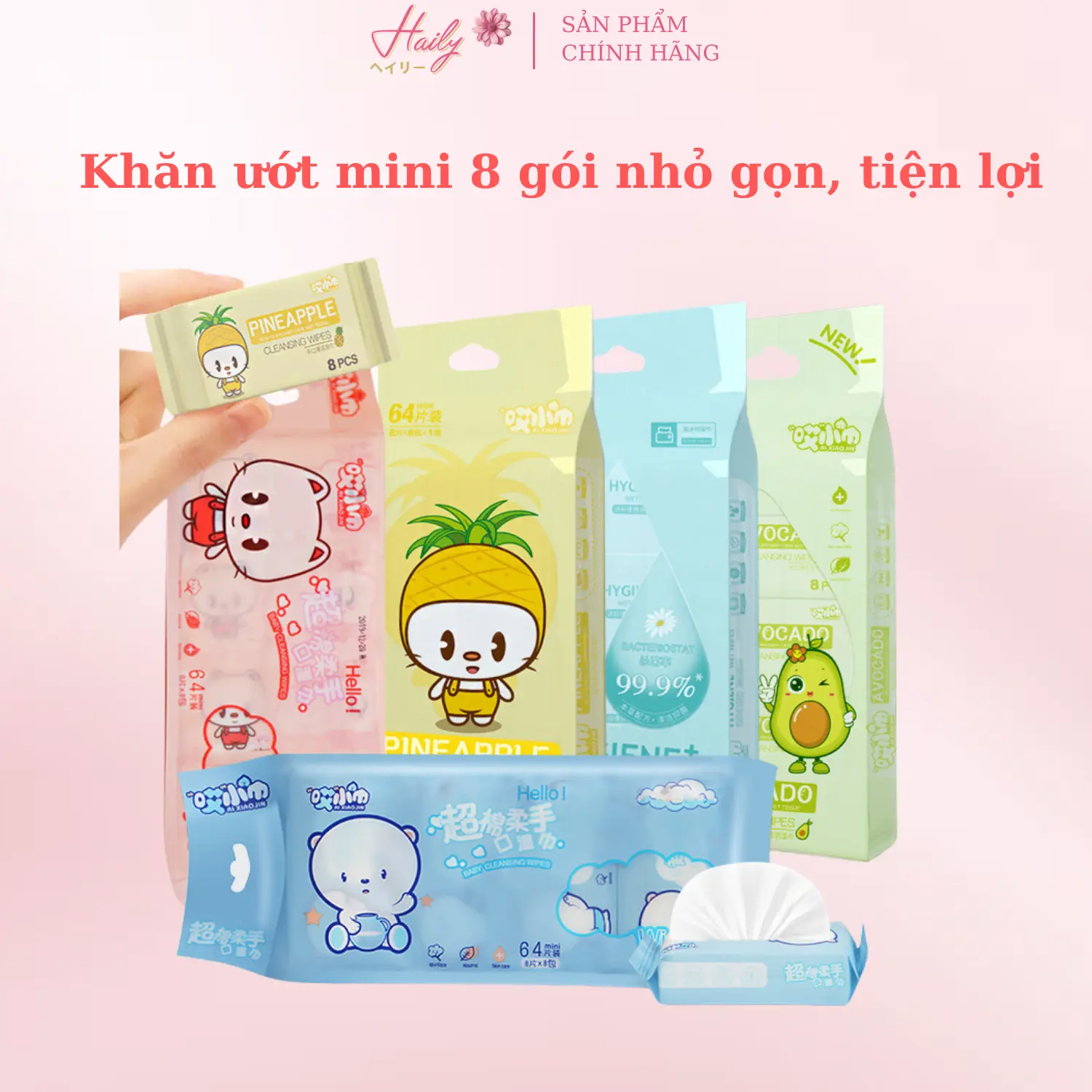 COMBO 40 GÓI (5 TÚI) Khăn Ướt Mini Dễ Thương Bỏ Túi Dùng 1 Lần Du Lịch Tiện Ích 1 Túi 8 Gói Tiện Lợi Chất Liệu Mềm Mại, Không Mùi Khăn Vệ Sinh Lau Tay Đa Năng - Nhà Tắm Khăn Tắm
