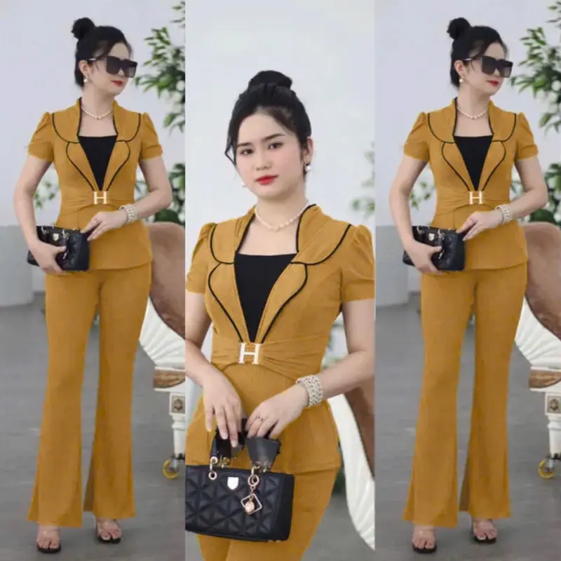 SÉT BỘ QUẦN ỐNG LOE GIẢ VEST ĐÍNH CHỮ H - THU XỐP  - HTL06 Nữ Women Áo Thun Top 6