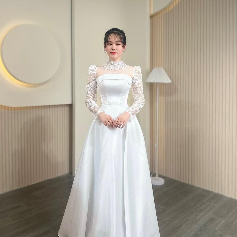  Váy Phi Đi Bàn Đi Tiệc Tay Dài Dáng Xuông Chạm Đất Cổ Cao Tay Ren Ẩn Nhẹ Nhàng Sang Trọng Nữ Voan Dress Sen 