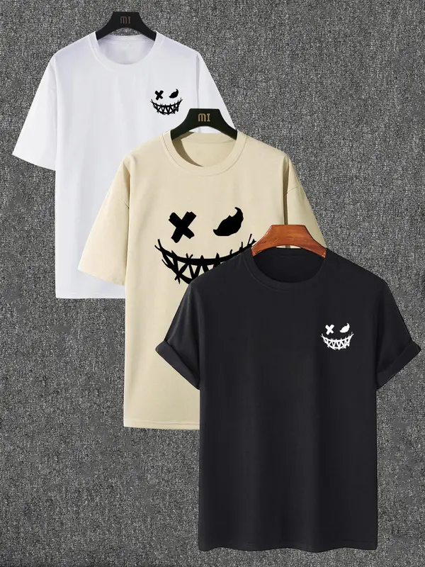 Unisex Men's Cartoon Face Print Drop Shoulder Tee, Regular Fit Casual Short Sleeve Round Neck T-shirt for Summer, Graphic Tees, Men's Clothes for Daily Wear 1