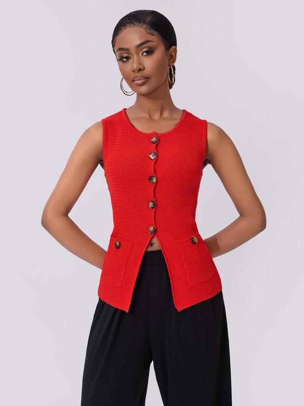 Women's Plain Button Pocket Vest Jacket, Casual Sleeveless Round Neck Knit Top for Summer, Ladies Clothes for Daily Wear 4