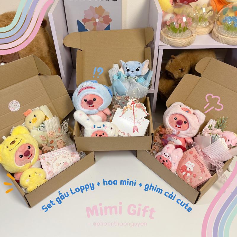 Set quà tặng gấu bông loopy, Combo loopy gấu bông + bó hoa gấu + huy hiệu cài áo kèm hộp và thiệp cao cấp, Set quà tặng gấu capybara gaubong  xinh Baby Three Bé Ba Bé 3