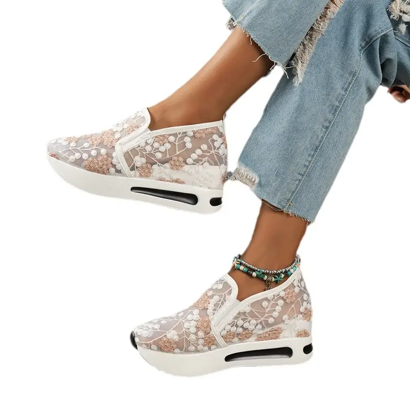 2025 new Korean temperament fashion casual single shoes muffin with sequins flowers mesh Le Fu shoes