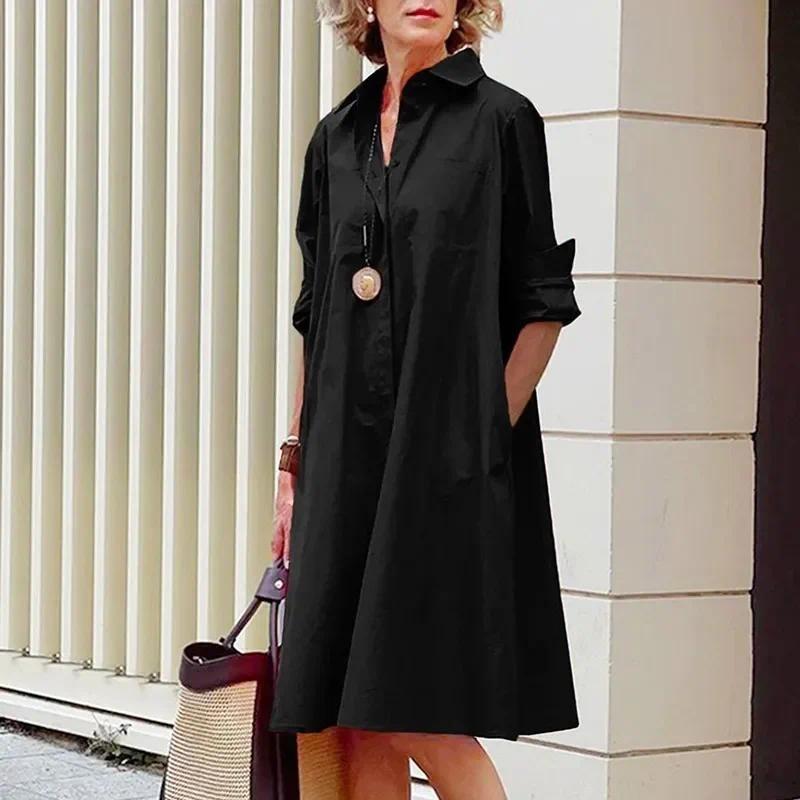 Product Introduction of Plus Size S-4XL Women Shirt Dress Cotton Floral Dot Print Button A Line Midi Knee Length Slim Loose Spring Summer Autumn Fashion Casual Elegant Long Sleeve Black White 21