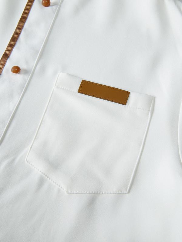 Men's Contrast Binding Split Hem Two-Piece Set, Regular Fit Traditional Fake Buttons Top & Elastic Waist Pants, Traditional Outfits, Men's Two-Piece Outfits For Party 5