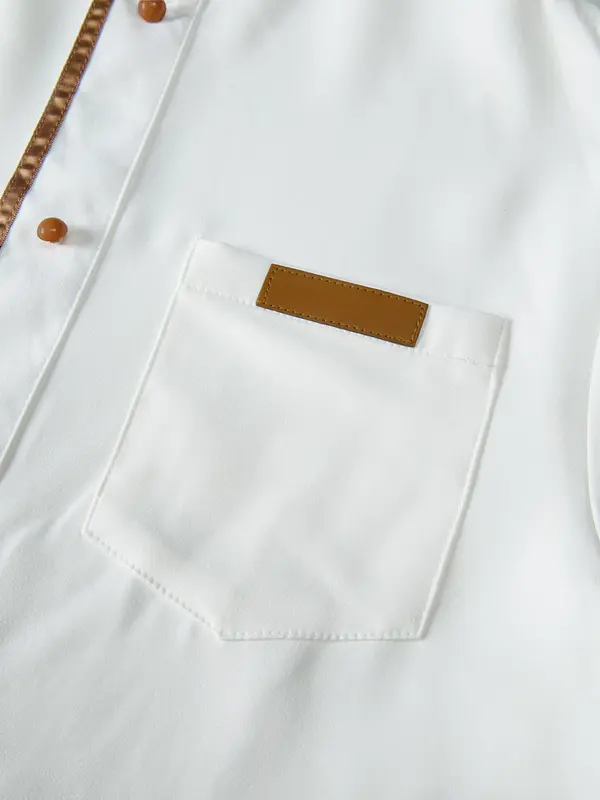 Men's Contrast Binding Split Hem Two-Piece Set, Regular Fit Traditional Fake Buttons Top & Elastic Waist Pants, Men's Two-Piece Outfits For Party 5