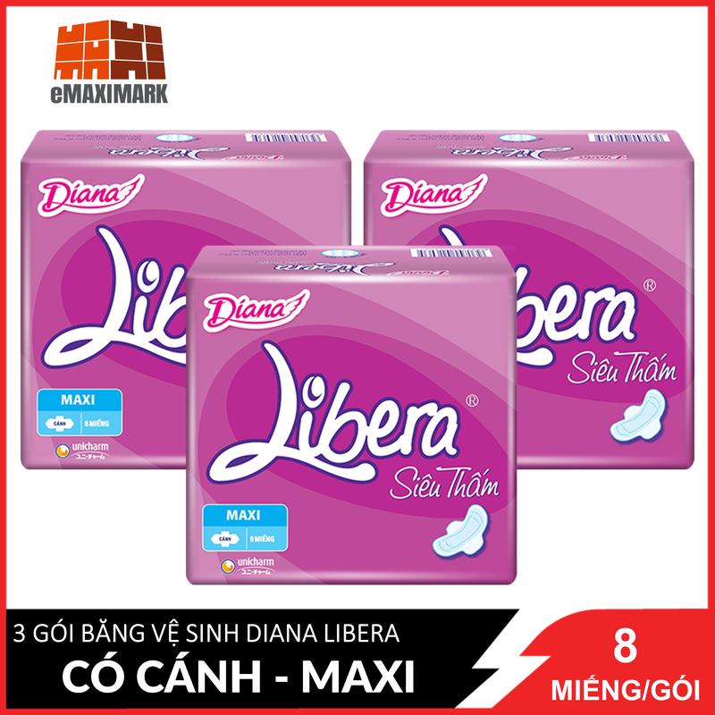 Combo 3 Băng Vệ Sinh Diana Libera Siêu Thấm Maxi Cánh 23cm 8 Miếng / Gói x3