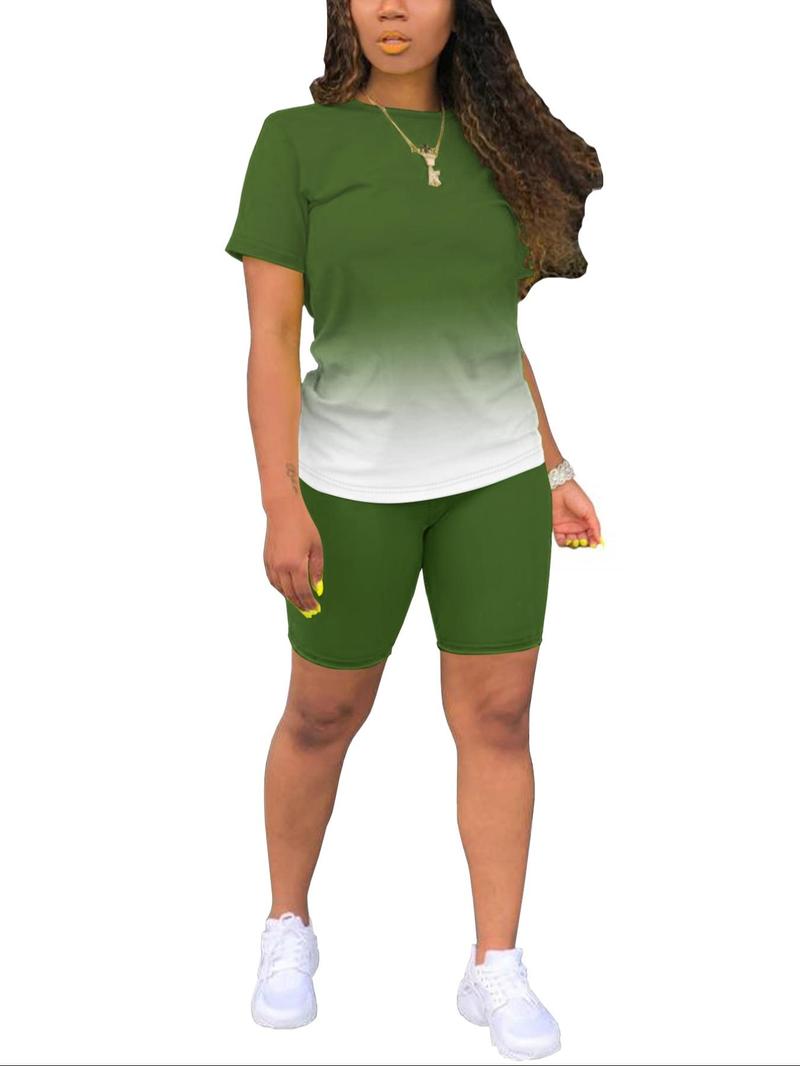 Product Introduction of Women's Ombre Print Tee & Shorts Two-piece Set, Casual Round Neck Short Sleeve T-shirt & Skinny Shorts for Daily Wear, Ladies Summer Clothes 6