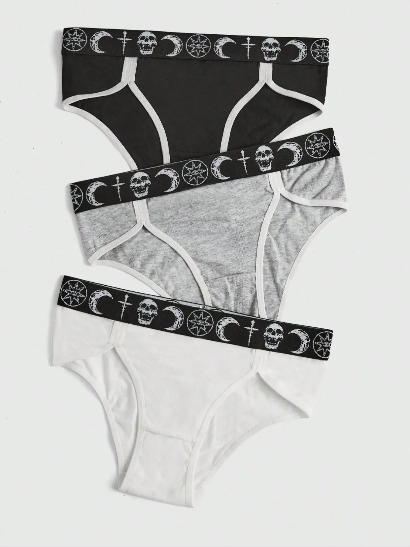 Women's 3pcs Moon & Skull Print Contrast Binding Knicker, Casual Comfy Breathable Panty for Daily Wear, Underwear for All Seasons, Underwear for Women, Tall Clothing Women
