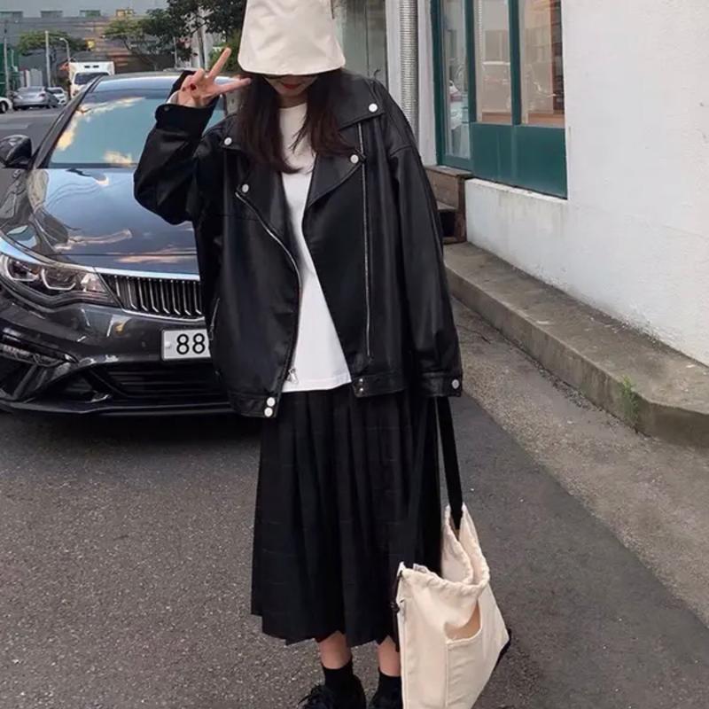 Áo khoác da nam nữ 2 lớp dáng rộng hàng Quảng Châu có kèm đai .