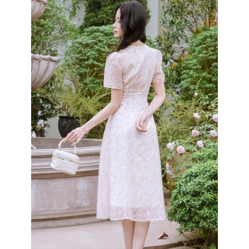 Đầm Váy Hoa Nhí Công Sở LENDO V240333 Dáng Dài Xòe A Tay Bồng Ngắn Cổ Tròn Dúm Ngực Nữ Women 4