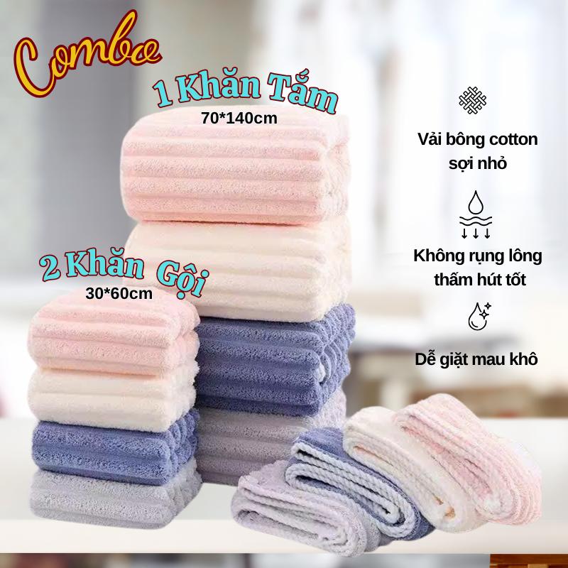 Combo 1 Khăn Tắm Và 2 Khăn Gội Dệt Dạng Sóng Chất Liệu Bông Cotton Sợi Nhỏ Mềm Mại Dễ Giặt Mau Khô Không Rụng Lông Thấm Hút Tốt