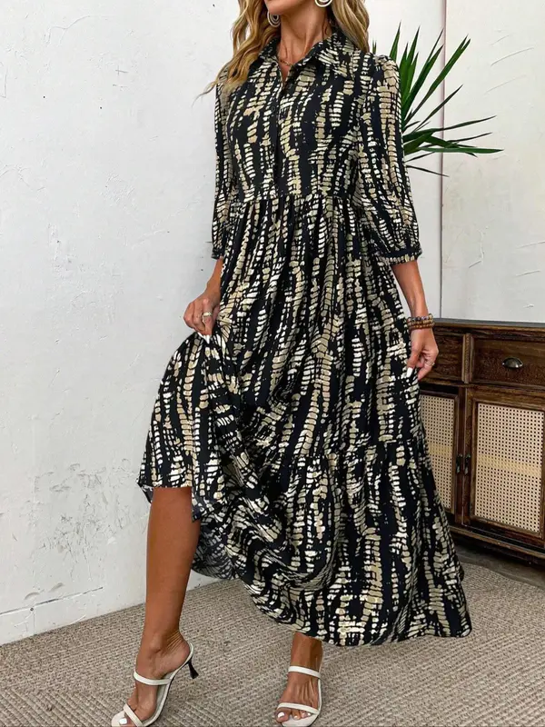 Women's All Over Print Collared 3/4 Sleeve Dress, Elegant Casual Fashion Long Dress for Daily Outdoor Wear, Women Dress for Spring & Fall, Holiday Dresses, Womenswear 3