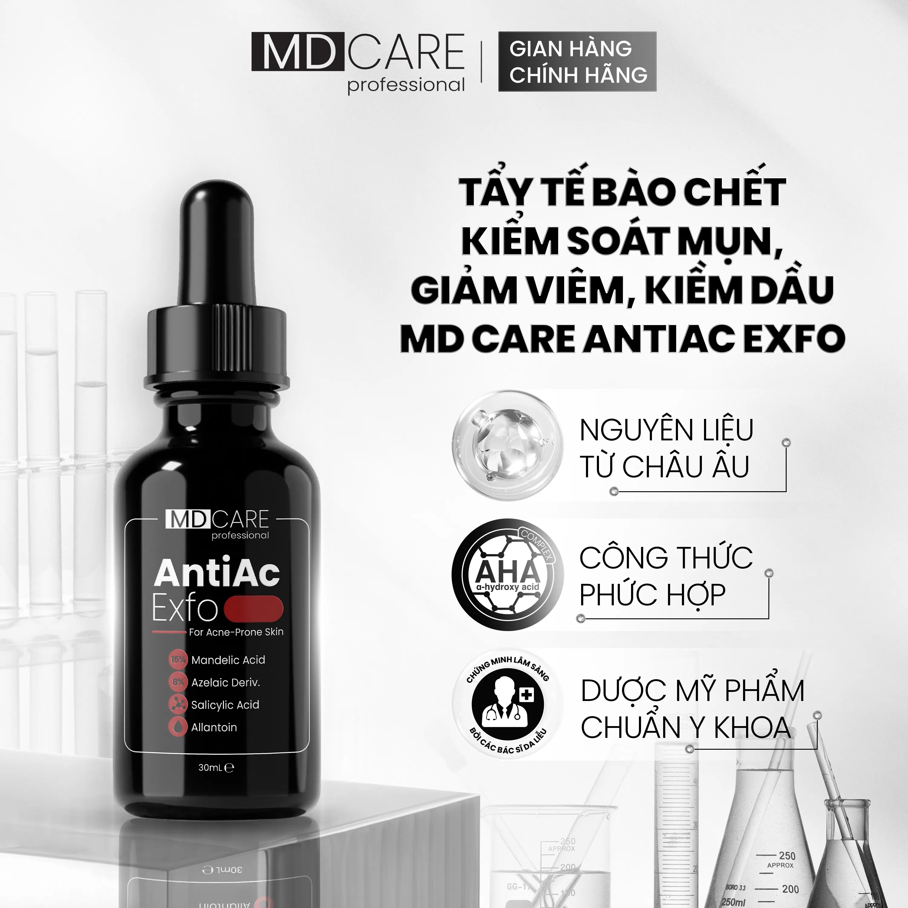 [CHÍNH HÃNG] Tẩy Tế Bào Chết Kiểm Soát Mụn, Giảm Viêm Và Giảm Tiết Dầu MD CARE AntiAc Exfo 30ml