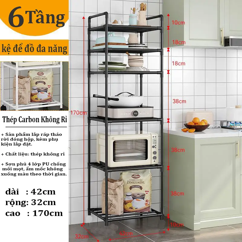 Kệ để đồ 6 tầng đa năng KHÔNG BÁNH XE, chất liệu thép carbon không rỉ chịu lực tốt sử dụng tại nhà bếp, phòng tắm, phòng khách, ban công ... Kitchen keg i