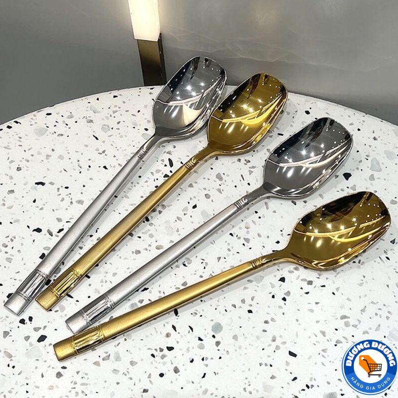  Set 5 Thìa Inox Ăn Cơm Cháo Súp Muỗng Inox Sáng Bóng Cán Dài Đầu Vuông Màu Vàng Và Bạc Phong  - Thìa Ăn Cơm Cho Dân Văn Phòng Sinh Viên Đi Picnic Dã Ngoại thìa  lá 