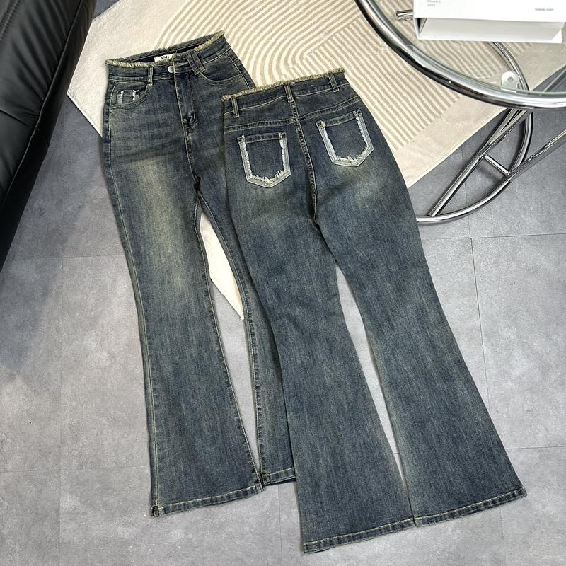 YURI JEANS - (EO BÉ) Quần Jeans Nữ Ông Loe Màu Bụi Lưng Tua ,Túi Tua Women Ong