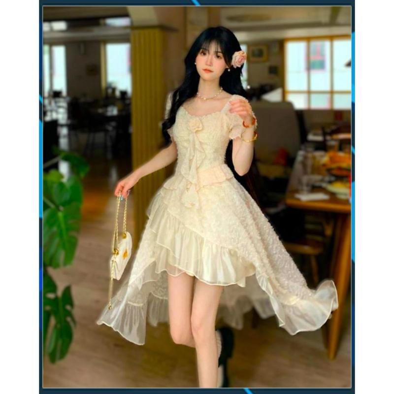 ĐẦM  cổ vuông Nữ Women ĐUÔI CÁ DÁNG Women XOÈ  Dress CỔ VUÔNG TAY PHỒNG BABY  Voi Voan Ren