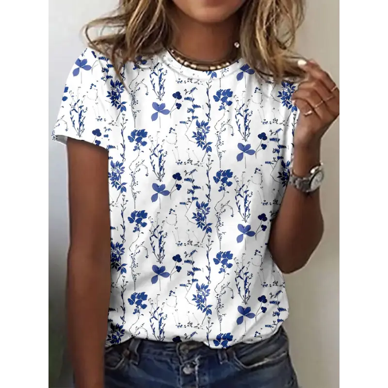 Women's Elegant Floral Print Short Sleeve T-Shirt - Summer Casual Round Neck Top with Blue Floral All-Over Print, Medium Stretch Regular Fit H-Line Tee, Machine Washable, Soft Texture Shirt 0