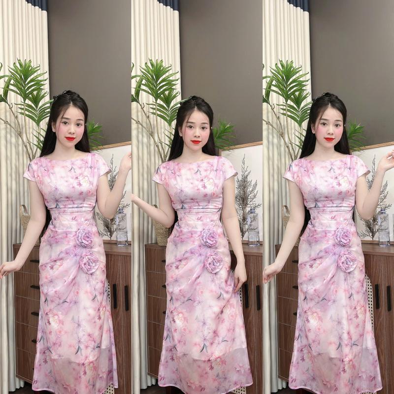 (U32) Đầm hoa thiết kế vai chờm che bắp tay vải tơ hàn mềm mặc mát xếp ly che bụng đính hoa cuộn đi tiệc đi chơi đều đẹp váy đi tiệc by thương Lê U32