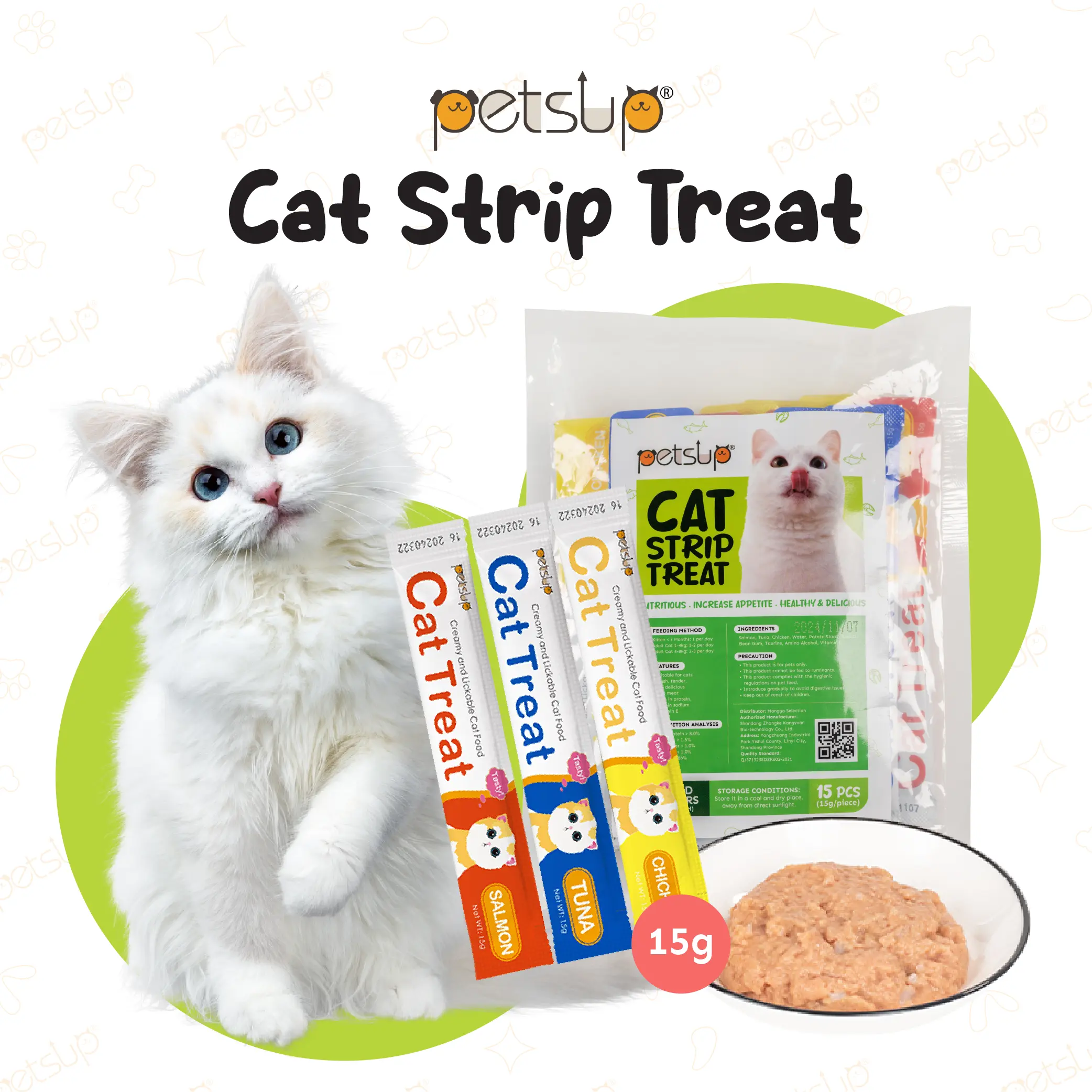Petsup 15Pcs Cat Strip Treat Cat Stick 15g Fresh Wet Food Small Pet Snacks Liquid Nutrition Cream For Cat and Kitten Treat in 3 Flavors Tuna Chicken Salmon