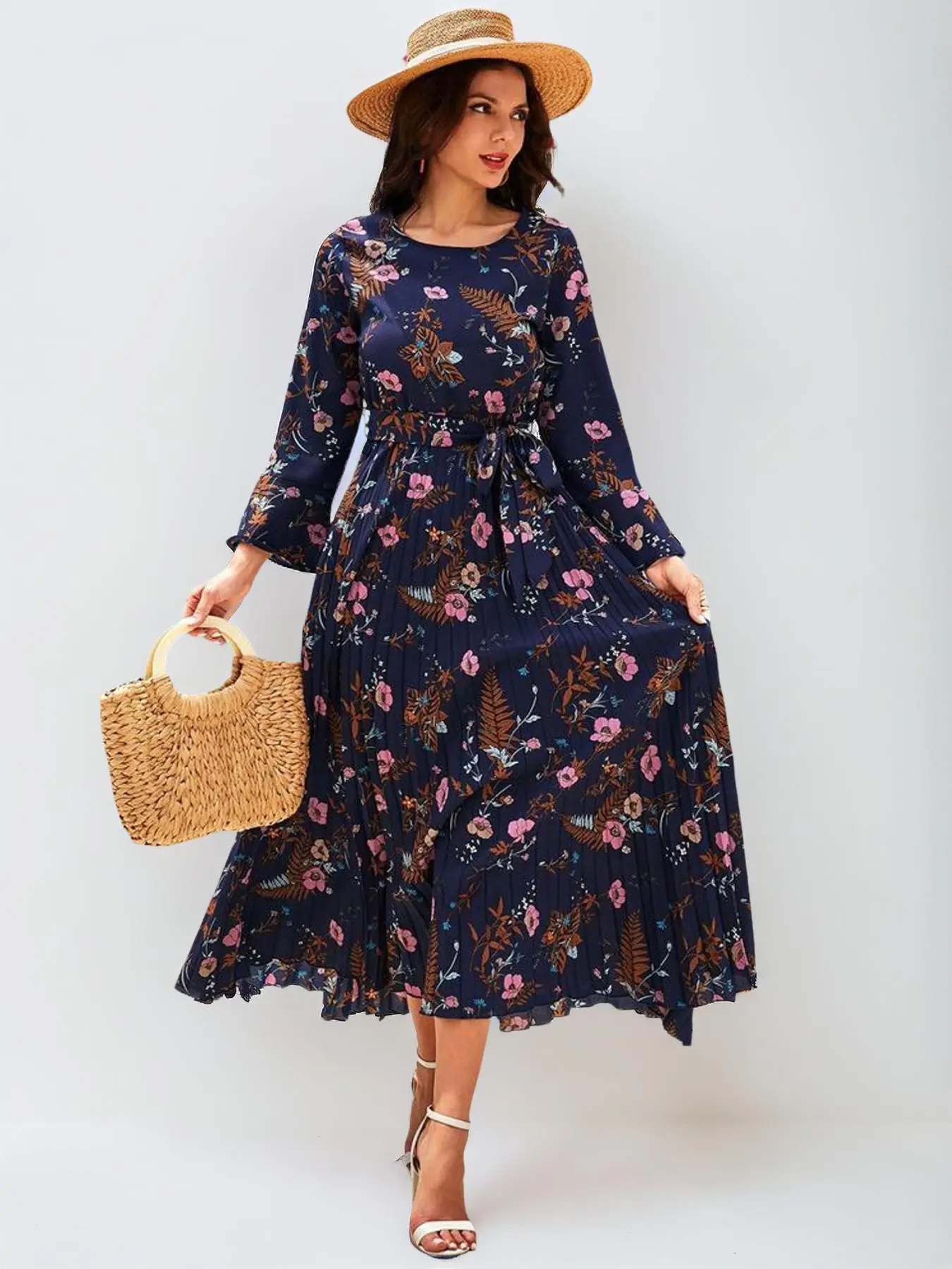 2024 New Women's Floral Print Flounce Long Sleeve A-line Pleated Dress with Belt, Boho Long Dresses for Spring & Fall Holiday Vacation, Summer Outfits 2024, Ladies Clothes Outfits