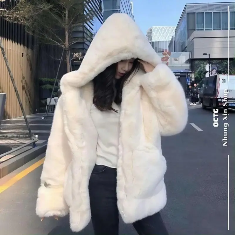 Áo khoác lông thỏ unisex MÀU TRƠN CÓ MŨ siêu rộng thiết kế phong cách ấp áp dễ thương, SEE 3S 0