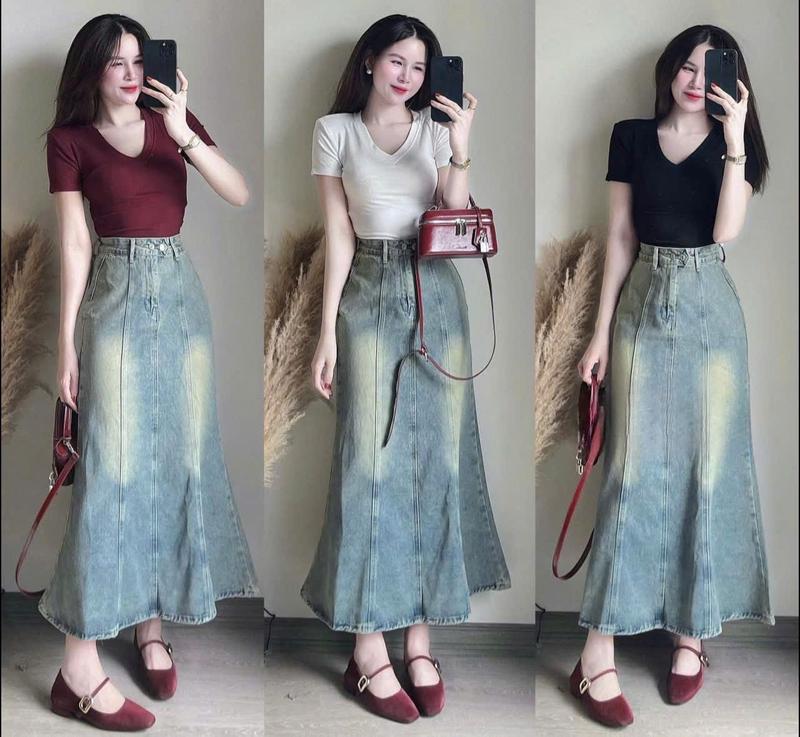 Sét bộ thời trang nữ áo thun cổ v xinh xắn mix chân váy jean sang trọng cho nàng diện đi chơi 0