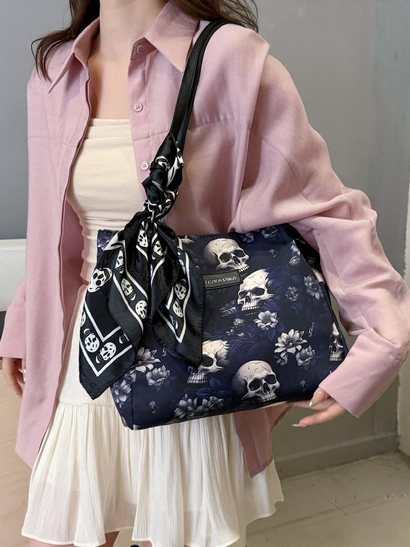 Product Introduction of Women's Punk Style Skull & Floral Pattern Tote Bag, Fashionable Shoulder Bag for Daily Life, Casual Trendy Versatile Goth Commuting Bag 2