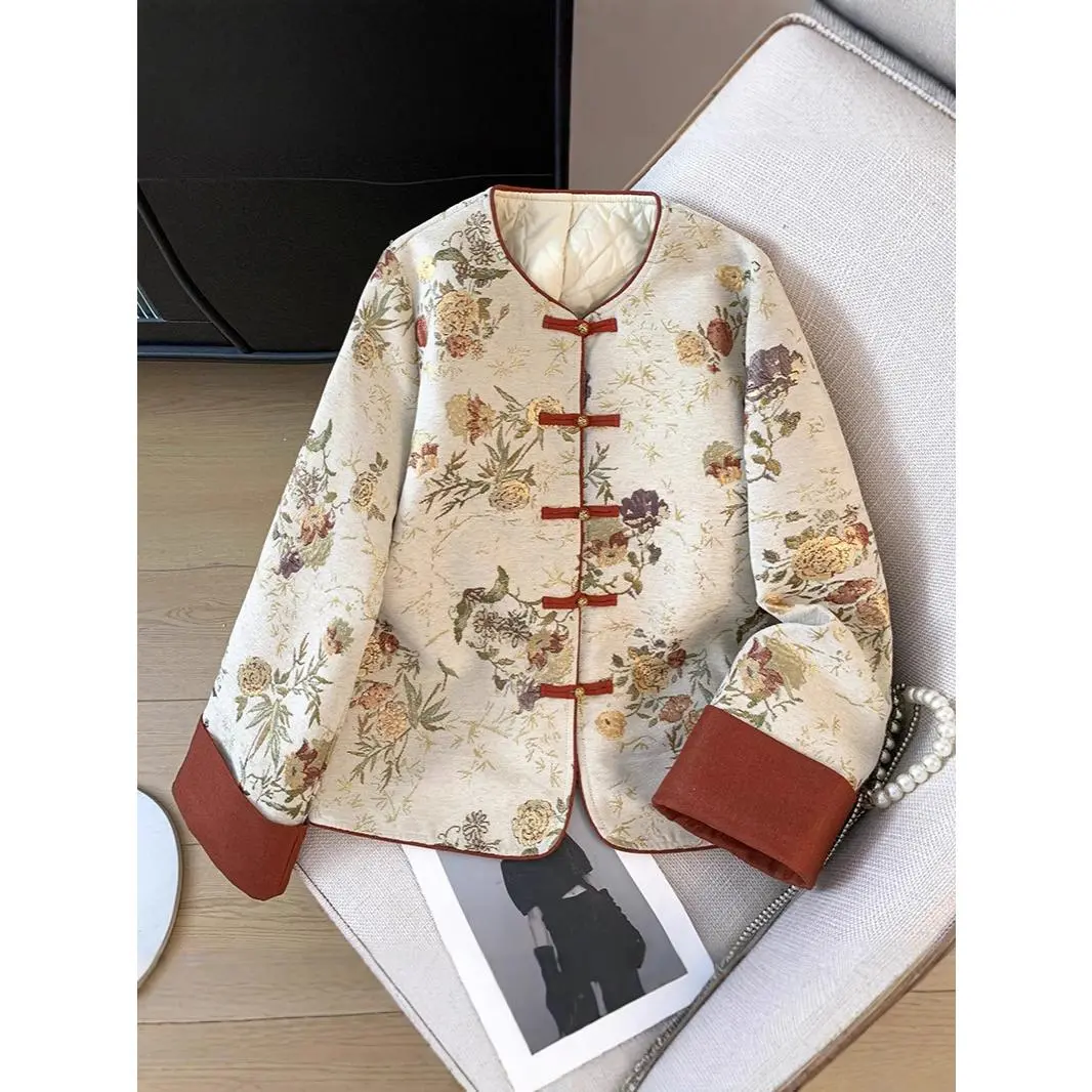 Áo Khoác Cotton, Phong Cách Trung Quốc Cổ Điển Thiết Kế Cổ Tàu Chần Bông Thanh Lịch, Quần Áo Trên, Phong Cách Dân Tộc, Áo Khoác Độn Bông, Dành Cho Nữ, Thêu Nút, Hàng Mới Về Thu Đông 2024