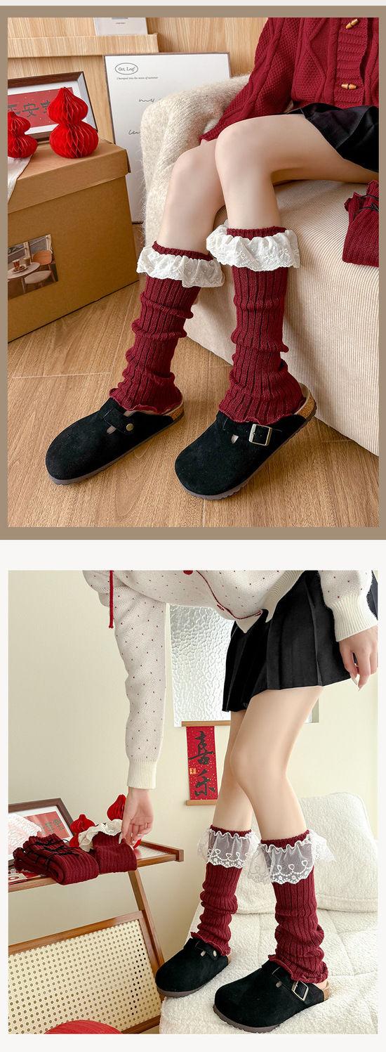 Product Introduction of Foot Sock Women's Autumn and Winter Red Leg Warmer Lolita Korean Lace New Year's Week Red Ballet Style JK Calf Socks 6