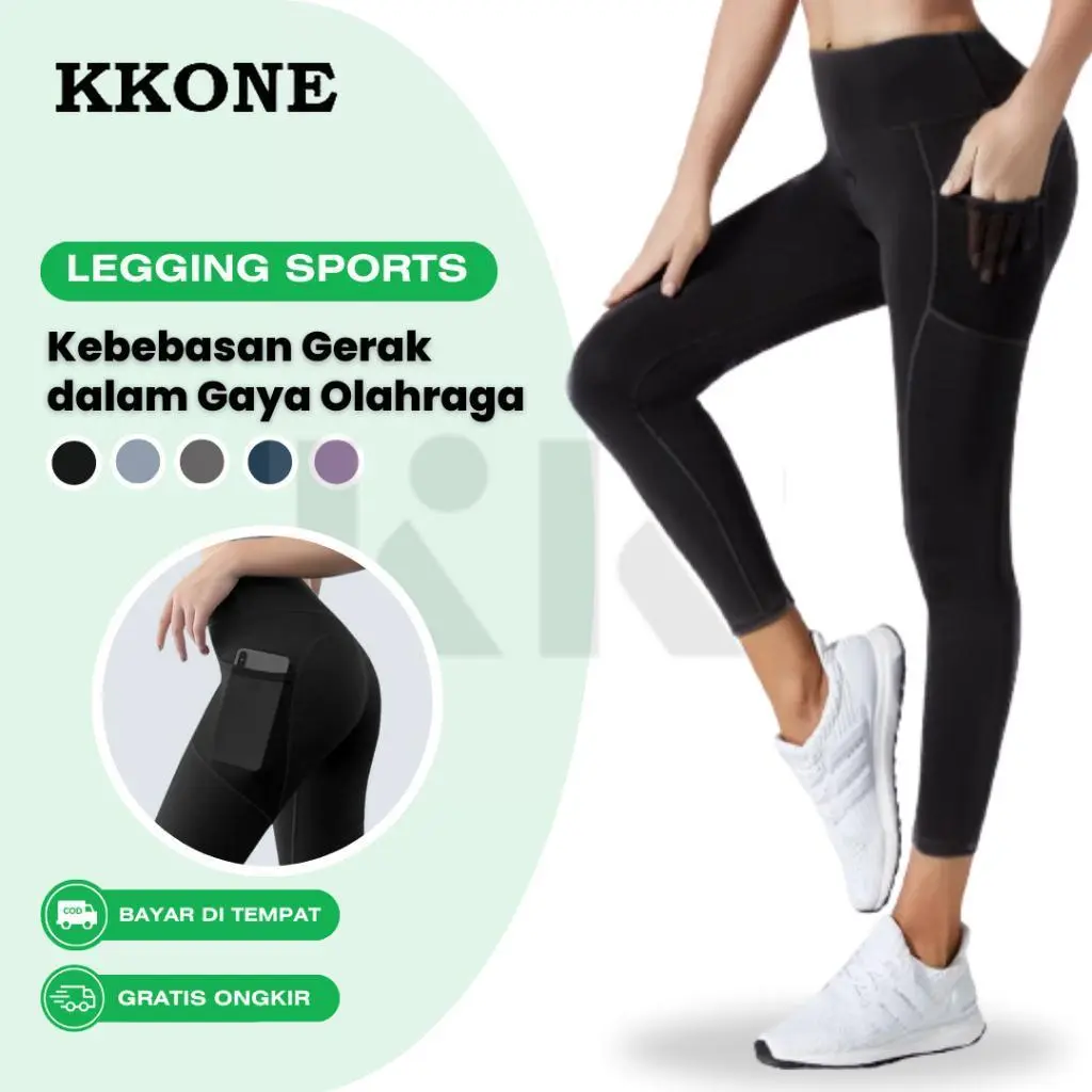 KKONE Celana Olahraga Yoga Wanita Legging High Waist Gym&Fitness&Yoga&Running Sport Dengan Saku Pakaian Outdoor(L002)