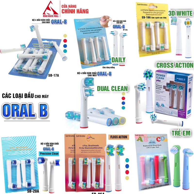 Set Bộ 4 Đầu Bàn Chải Đánh Răng Điện Minh House Cho Máy Oral B Braun, Lông Mềm Trắng Răng