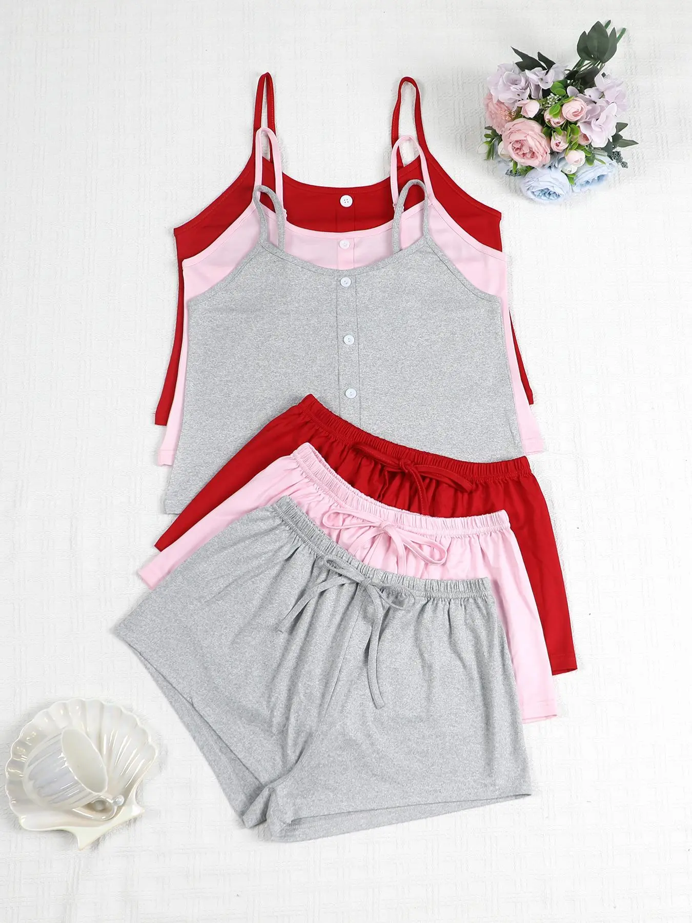 Women's Solid Color Cami Top & Elastic Waist Shorts Pajama Set, Casual Comfy Spaghetti Strap Camisole & Shorts PJ Set, Ladies Summer Sleepwear