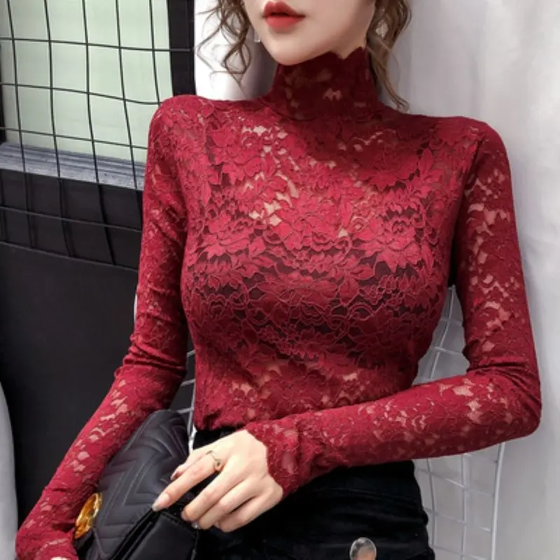 Áo Mỏng, Áo Lót Ren Cổ Cao Dành Cho Nữ, Hàng Mới Về Cho Mùa Thu Và Mùa Đông, Phong Cách Nước Ngoài, Với Lưới khoét Màu Đen, Tay Áo Dài 8