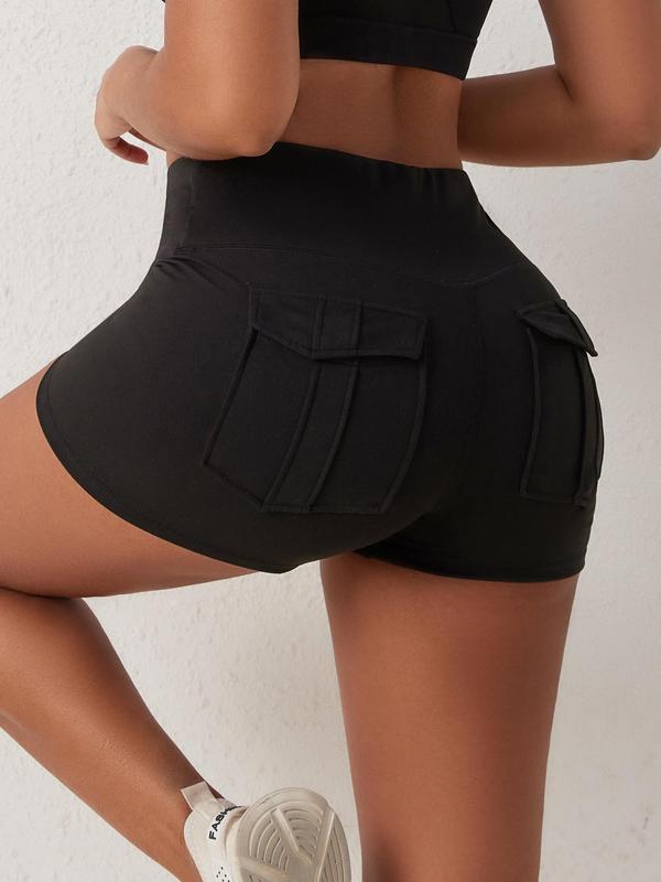 Women's Solid High Waist Pocket Design Sports Gym Shorts, Casual Comfy Breathable Skinny Shorts for Yoga Gym Workout Running, Ladies Sportswear for All Seasons 1