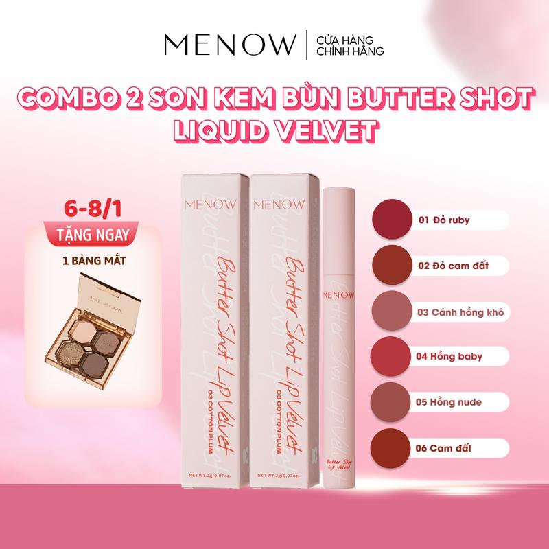 Combo 02 Son kem bùn Butter Shot Liquid Velvet Menow mịn mượt, lâu trôi 2gr x 2